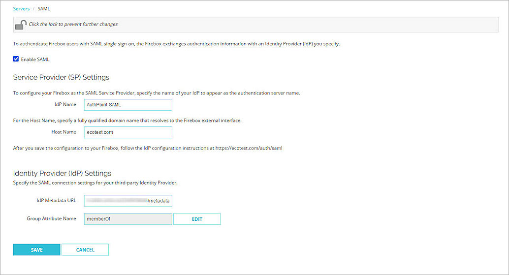 Screen shot of the enabling SAML